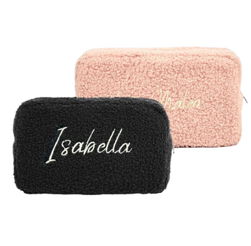 Custom Embroidered Teddy Fur Pouch Makeup Bag