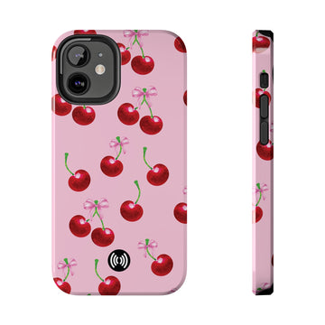 Cherries & Pink Bows Phone Case for iPhone & Samsung - Impact-Resistant, Wireless Charging Compatible, Glossy Finish