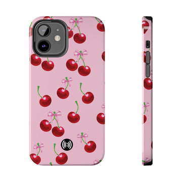 Cherries & Pink Bows Phone Case for iPhone & Samsung - Impact-Resistant, Wireless Charging Compatible, Glossy Finish