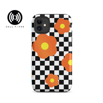 Check Black & White Orange Flower iPhone Case -All sizes