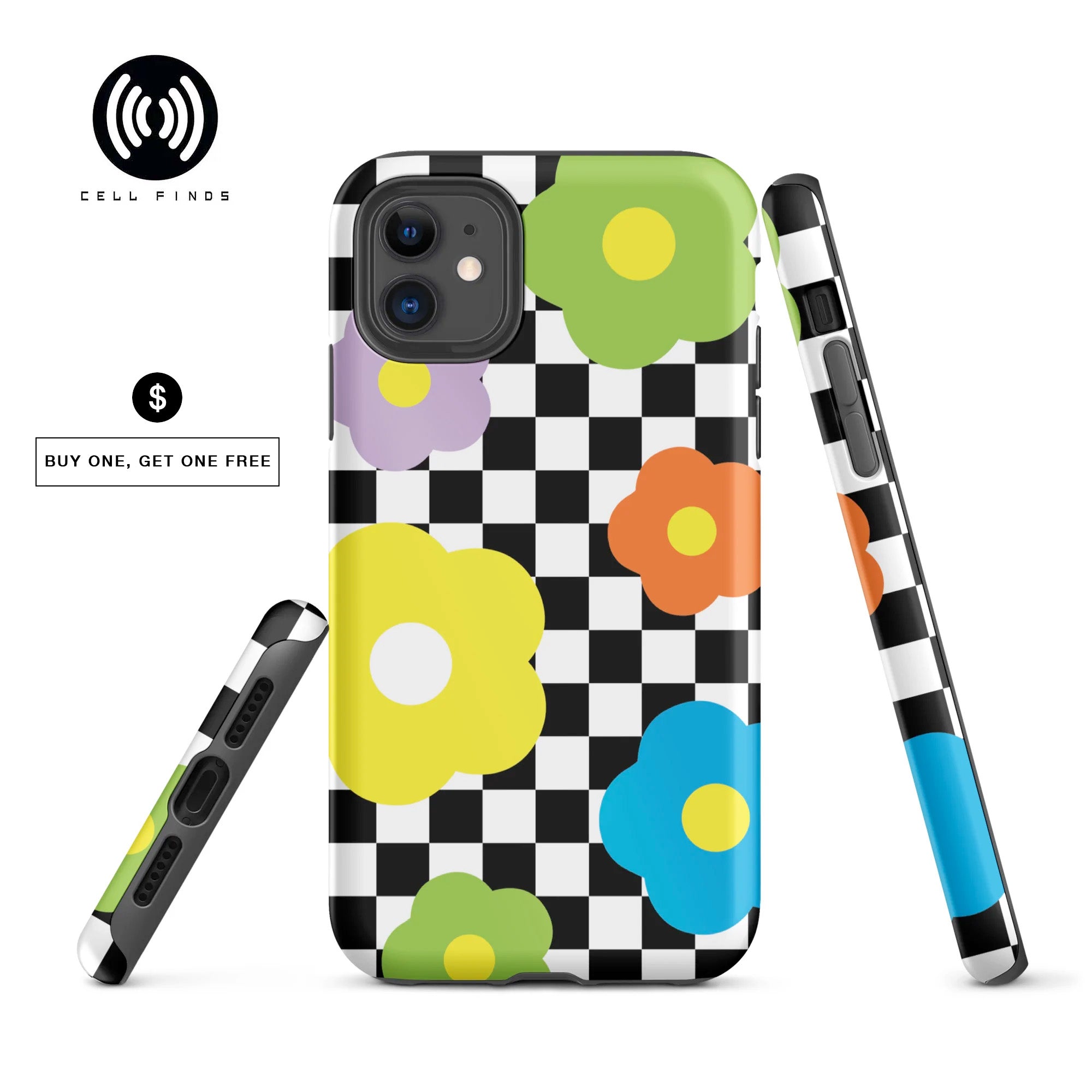 Black & White Check w/ Colorful Flowers iPhone Case -All Sizes