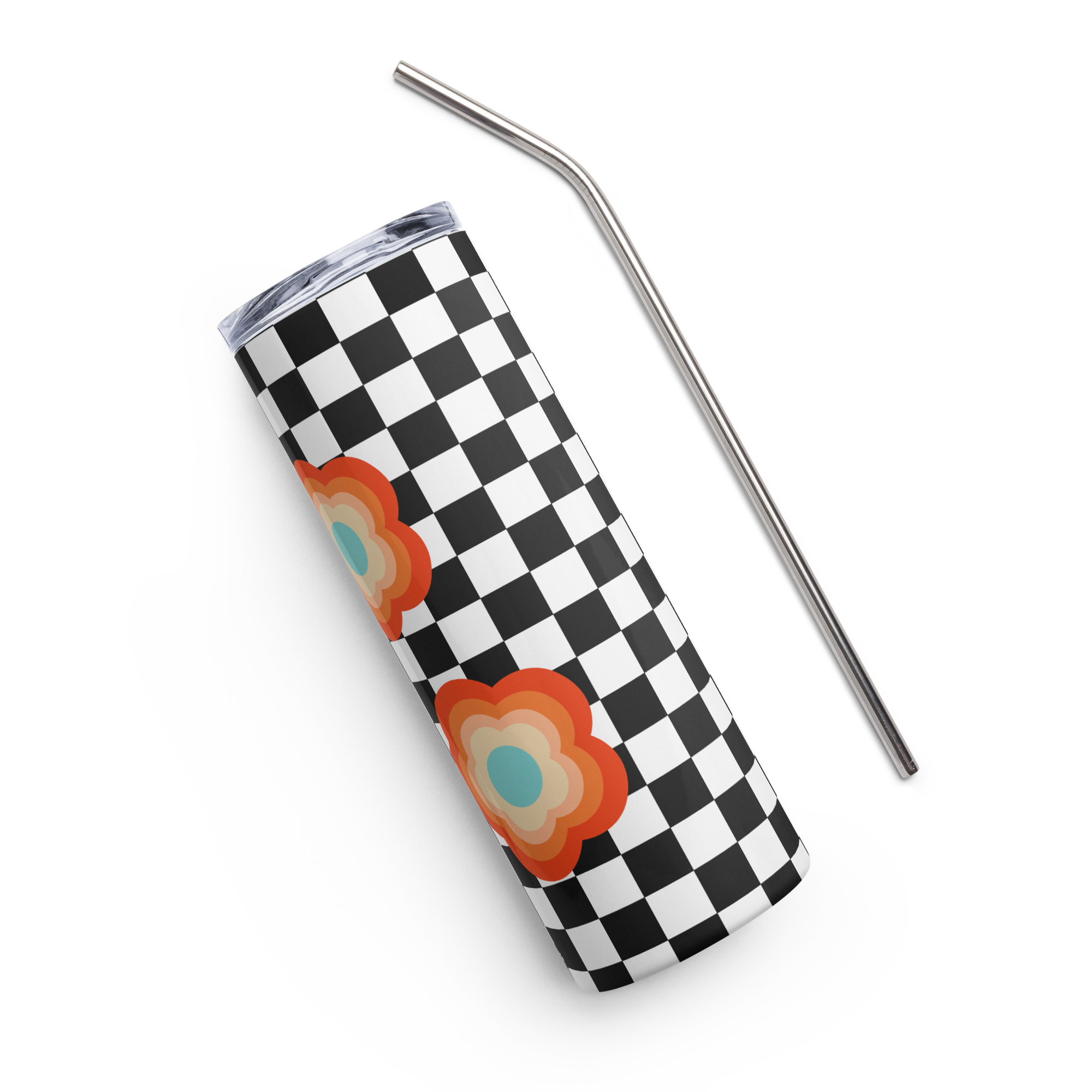 Check Print with Cute Flowers Stainless steel tumbler