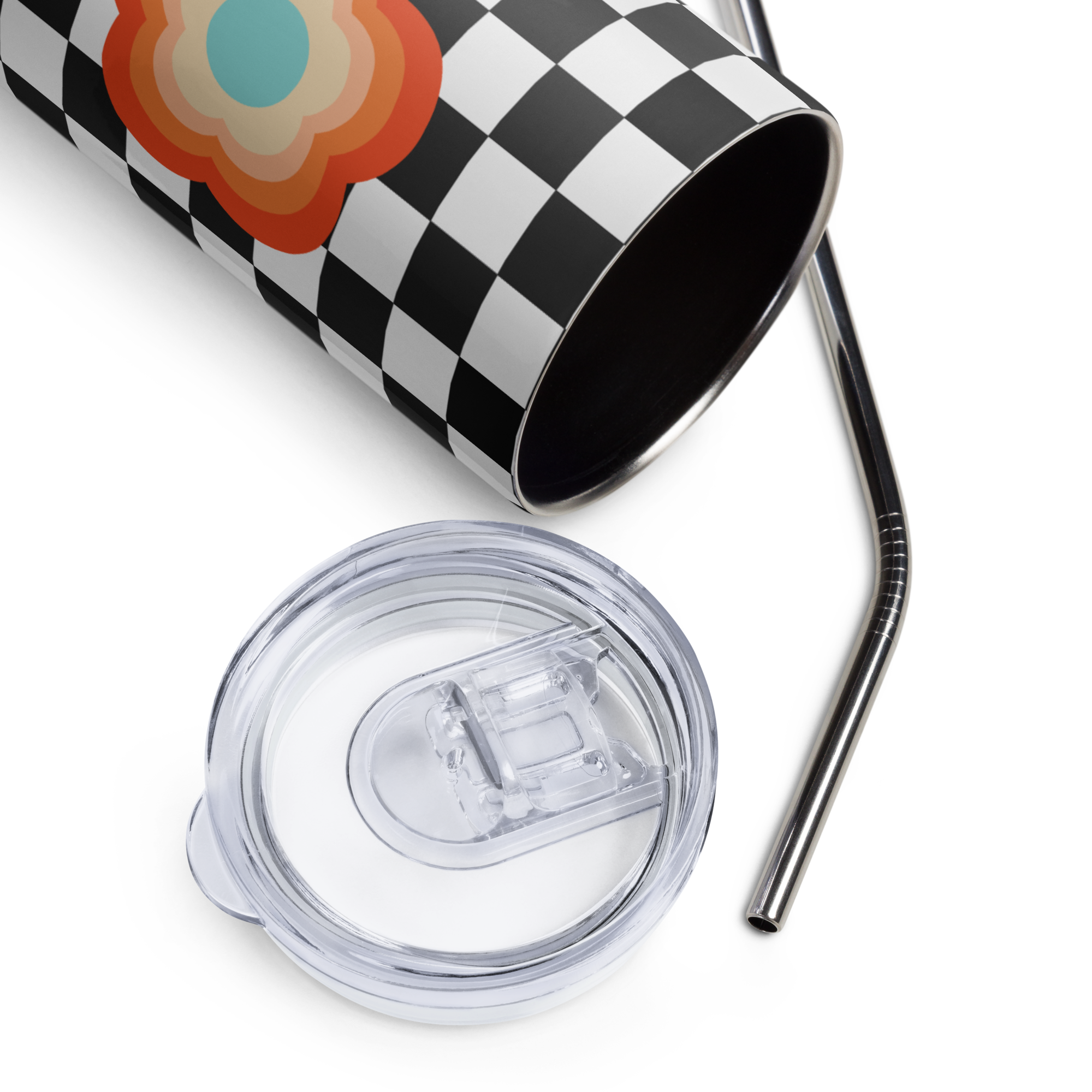 Check Print with Cute Flowers Stainless steel tumbler