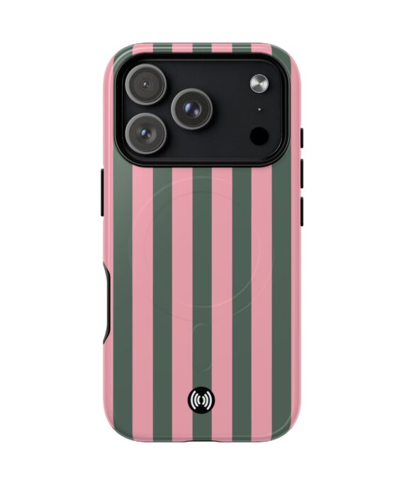 Striped Magnetic Phone Case – Pink & Olive Vertical Lines, Tough Protective MagSafe-Ready Case