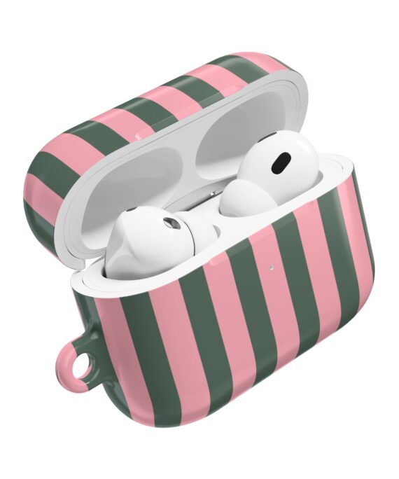Pink & Olive Stripe AirPod Case — Retro Chic Protective Cover