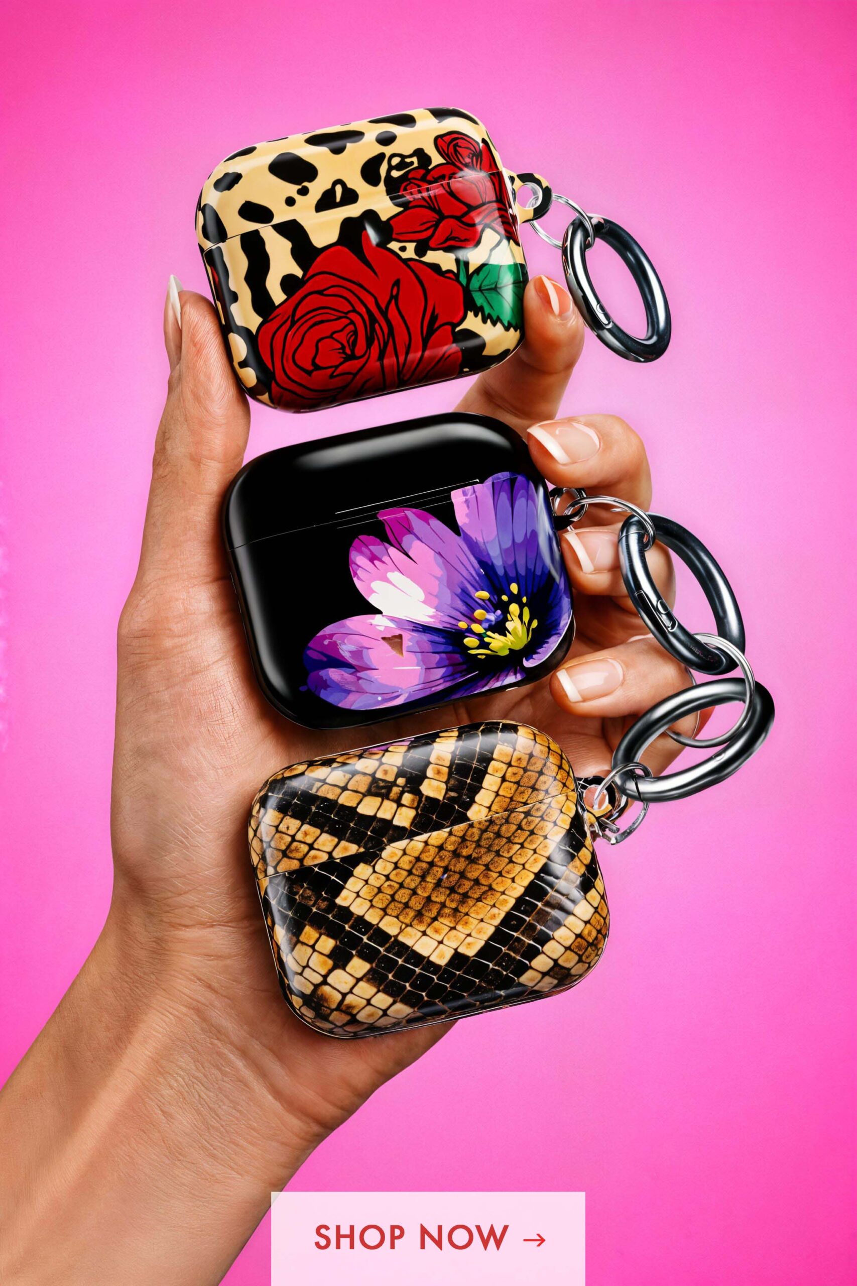 Hand holding leopard, floral and snakeskin AirPods cases by CellFinds