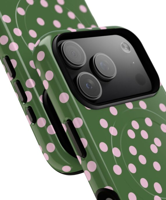 Green and pink polka dot MagSafe phone case by CellFinds