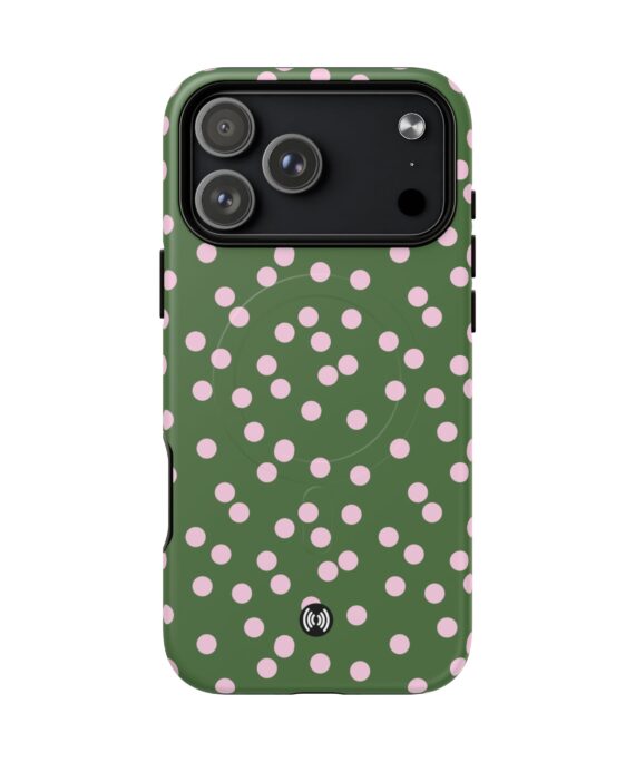 Green and pink polka dot MagSafe phone case by CellFinds