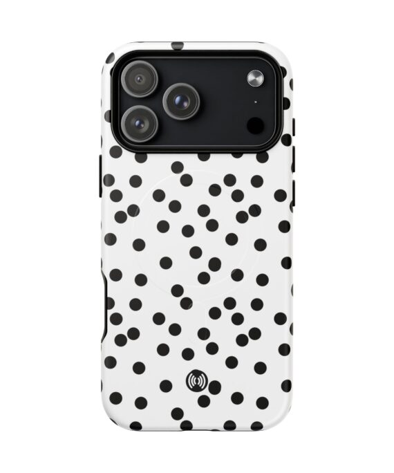 Black and white polka dot MagSafe phone case for iPhone