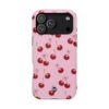 Pink cherry phone case with red cherries and tiny bows