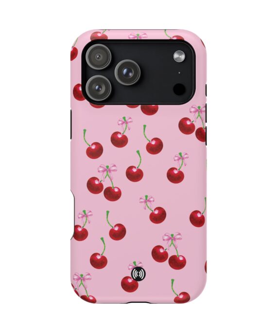 Pink cherry phone case with red cherries and tiny bows