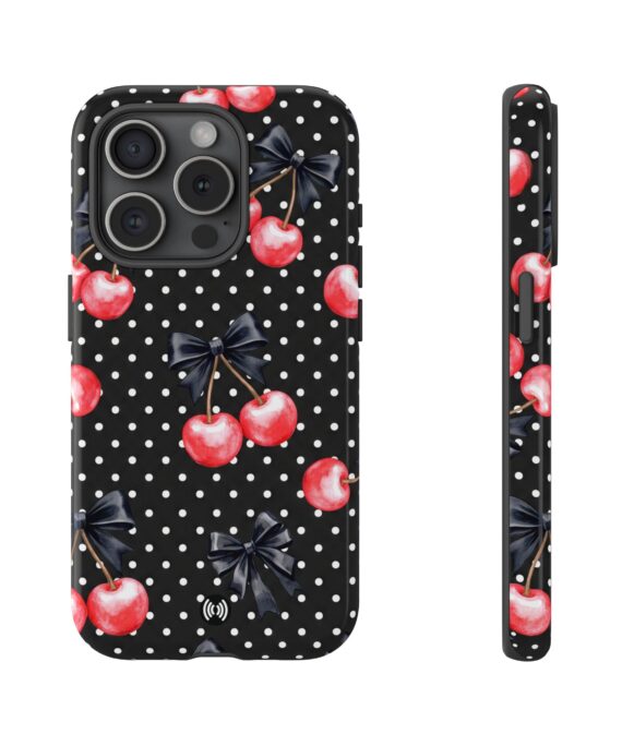 Front and back views of a black iPhone case with red