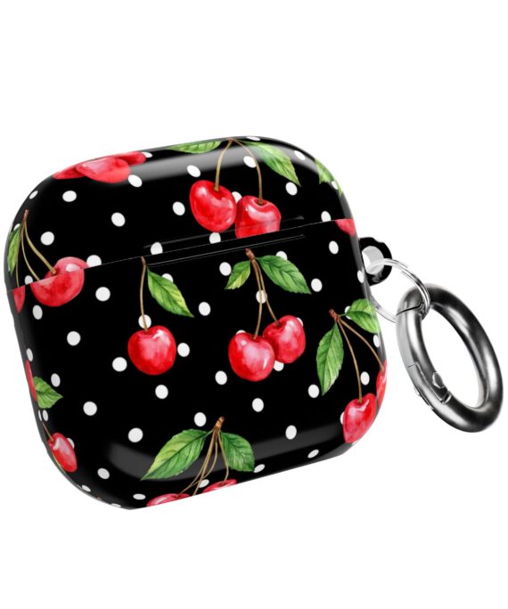 Black cherry polka dot AirPods case with open lid