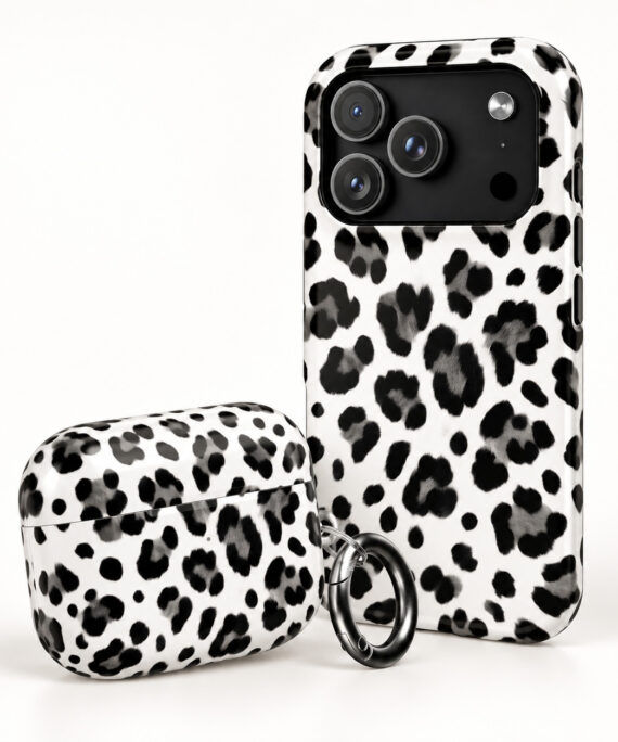 Black-and-white leopard print phone case with matching AirPods case on a white background.