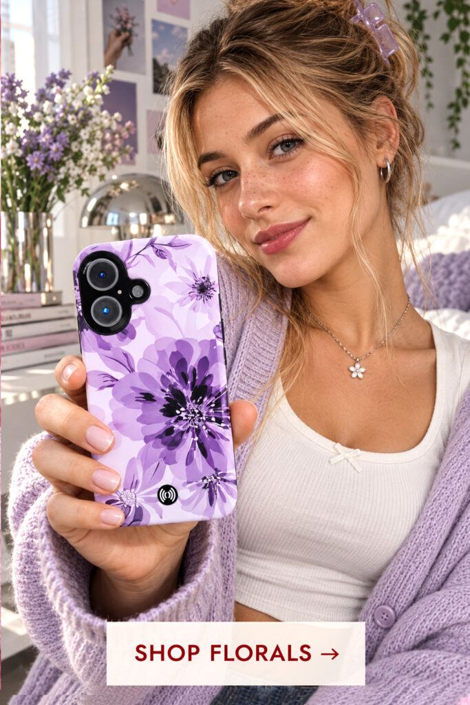 Gen Z model holding a purple floral phone case