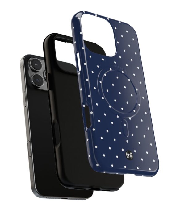 Navy polka dot MagSafe phone case with small white dots