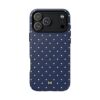 Navy polka dot MagSafe phone case with small white dots