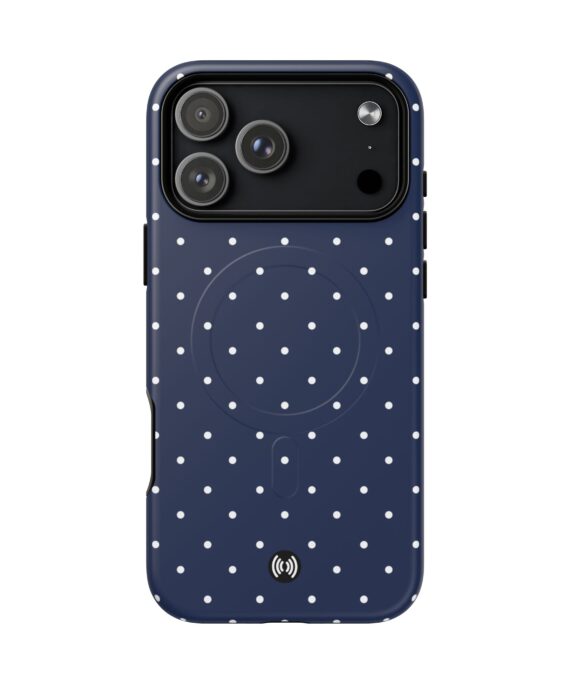 Navy polka dot MagSafe phone case with small white dots